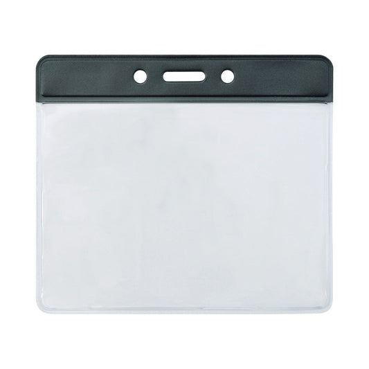 A clear plastic, horizontal vinyl badge holder with a black top edge featuring three punched holes for attachment is perfect for office or event use. This Government/Military Size Horizontal Vinyl Color-Bar Badge Holder (P/N 1820-110X) adds a touch of professionalism to your ID display.