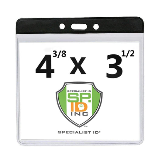 The Extra Large Color Code Badge Holder for 4x3 Badges - Horizontal Vinyl with Color Bar (1820-120X), made from durable vinyl, measures 4 3/8 by 3 1/2 inches and features the Specialist ID Inc. logo alongside the text "Specialist ID". Perfect for accommodating your 4x3 badges with ease.
