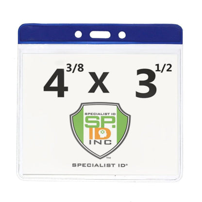 Extra Large Color Code Badge Holder for 4x3 Badges - Horizontal Vinyl with Color Bar (1820-120X) with a blue top and punch holes, designed to fit 4x3 badges. It features "4 3/8 x 3 1/2" text and the Specialist ID Inc. logo, making it an ideal vinyl badge holder for your needs.