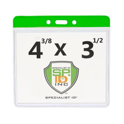 A Extra Large Color Code Badge Holder for 4x3 Badges - Horizontal Vinyl with Color Bar (1820-120X) featuring the "Specialist ID Inc" logo and the dimensions "4 3/8 x 3 1/2" printed in bold text, perfect for holding extra large badges.