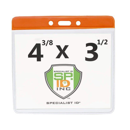 An Extra Large Color Code Badge Holder for 4x3 Badges - Horizontal Vinyl with Color Bar (1820-120X), with a label displaying "4 3/8 x 3 1/2" and a logo for Specialist ID, Inc., perfect for accommodating 4x3 badges.