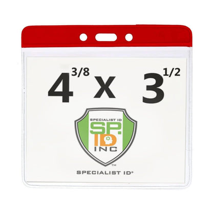 A transparent Extra Large Color Code Badge Holder for 4x3 Badges - Horizontal Vinyl with Color Bar (1820-120X) with a red top, measuring 4 3/8 x 3 1/2 inches. The badge inside displays the Specialist ID logo and company name.