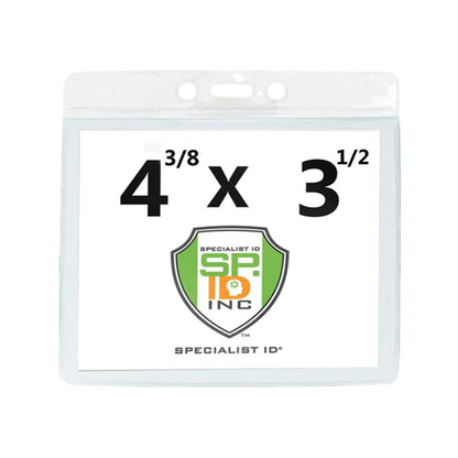 Extra Large Color Code Badge Holder for 4x3 Badges - Horizontal Vinyl with Color Bar (1820-120X) with dimensions 4 3/8 inches by 3 1/2 inches, displaying the Specialist ID logo in the center.
