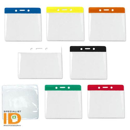 Seven clear Extra Large Color Code Badge Holders for 4x3 Badges - Horizontal Vinyl with Color Bar (1820-120X) are displayed. The colors include blue, yellow, orange, red, black, green, and a double slot clear badge holder at the bottom left.