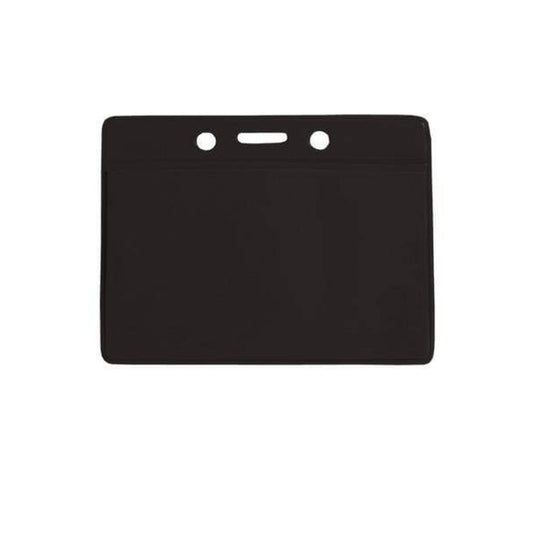 A plain black rectangular Horizontal Vinyl Color-Back Badge Holder (P/N 1820-200X) with three holes along the top edge, designed for holding papers, making it ideal for student bus assignments or quick identification tasks.