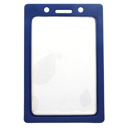 A Vertical Vinyl Color Frame Badge Holder (P/N 1820-300x) with a navy blue color frame and a transparent center, featuring two holes and a slot at the top for attaching to a lanyard.