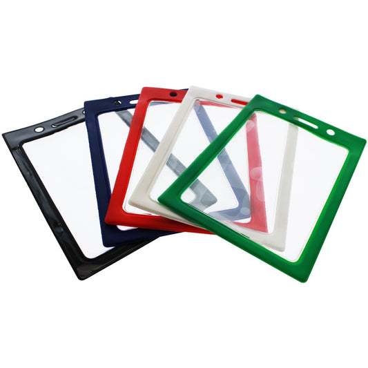 Six Vertical Vinyl Color Frame Badge Holders (P/N 1820-300x) in black, blue, red, white, clear, and green arranged in a fan pattern. Each vertical badge holder has a transparent window and two holes at the top for attaching lanyards.