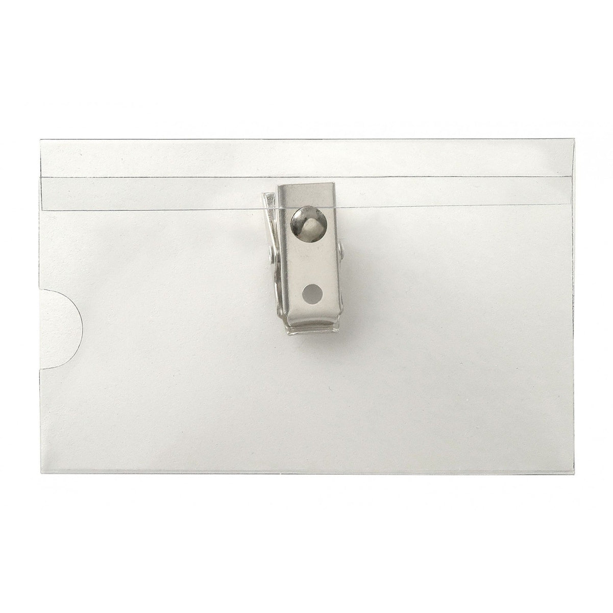 A Clear Rigid Vinyl Name Tag Holder W/ 2-Hole Clip 1825-2520 with a metal clasp at the center and an insert size of 2 1/4" x 3 1/2".