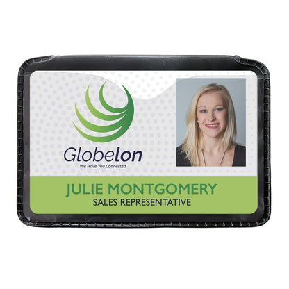 A Horizontal Magnetic Badge Holder (P/N 1835-1050) for "Julie Montgomery," identified as a sales representative for "Globelon." The badge, securely held by strong magnets, features the company logo and a photo of a woman with blonde hair.