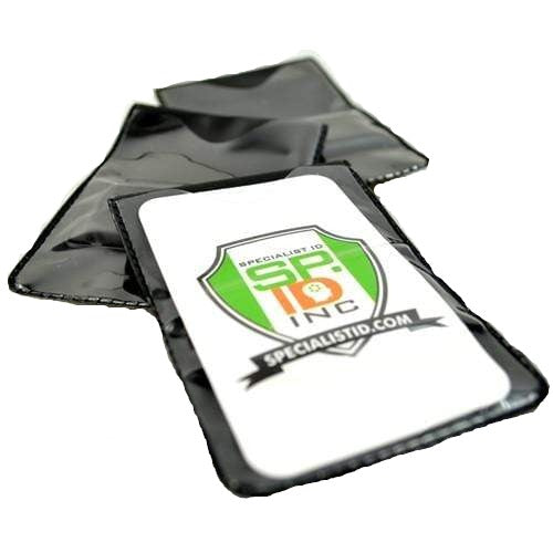 A sleek, black, glossy bifold ID holder featuring the Specialist ID Inc. logo on a white plastic card inside. The top-load design ensures easy access, while the shielded magnets secure your badge in place.
