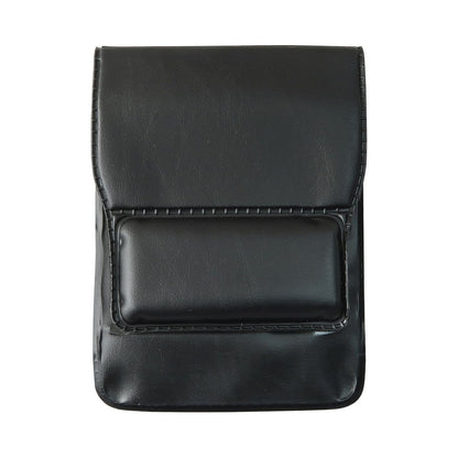 A sleek, black, rectangular leather case with a flap closure and a front pocket, featuring the Magnetic Badge Holder for Shirt Pocket or Belt - Vertical Fold Over Single Card Holder (1835-1150) for effortless access.
