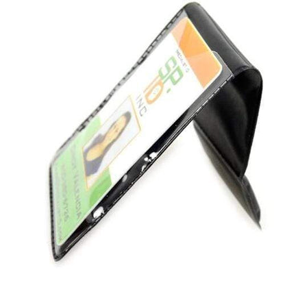 A Magnetic Badge Holder for Shirt Pocket or Belt - Vertical Fold Over Single Card Holder (1835-1150) is shown open, revealing an ID card with an individual's photo and text. The ID card appears to be issued by "SP Inc." with an orange and green color scheme. The top-load design ensures easy access, while shielded magnets keep the card securely in place.