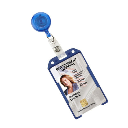 A Vertical Open Face Plastic ID Holder (1840-816X) with a blue retractable clip. The photo and name on the badge are obscured. Text visible includes "GOVERNMENT OFFICIAL" and "Federal Response Officer" with some symbols, all encased in a rigid plastic design for durability.