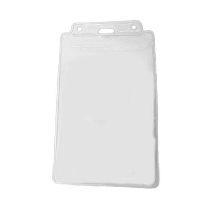 Clear vinyl Vertical Extra Large 3 1/2 x 5 1/2 Credential Holder with Flap (P/N 1840-1605) with a top-loading slot and two holes for a lanyard or clip attachment. Ideal for maintaining professional decorum, this vertical badge holder ensures your credentials are easily visible and accessible at all times.