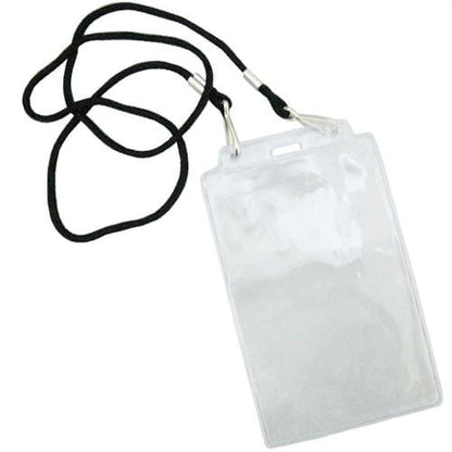 A Vertical Extra Large 3 1/2 x 5 1/2 Credential Holder with Flap (P/N 1840-1605) with a black neck lanyard attached offers a sleek and practical solution. This vertical badge holder is perfect for keeping your ID visible and easily accessible.