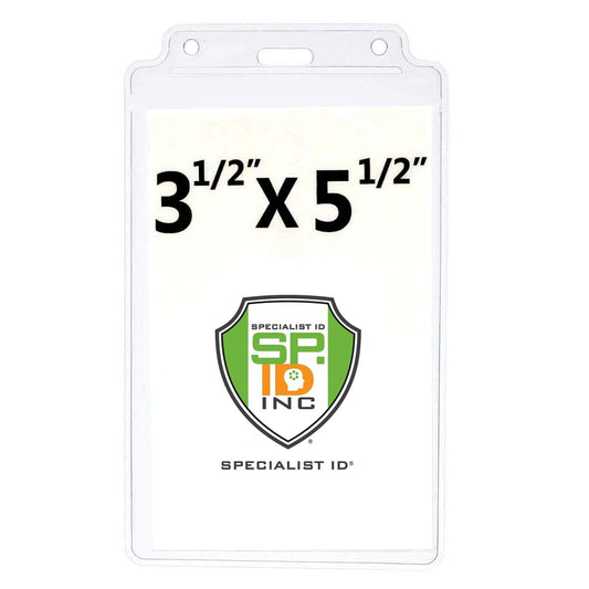 Vertical Extra Large 3 1/2 x 5 1/2 Credential Holder with Flap (P/N 1840-1605) with dimensions 3 1/2" x 5 1/2", featuring the Specialist ID logo at the center. This vertical badge holder is perfect for displaying IDs securely and professionally.