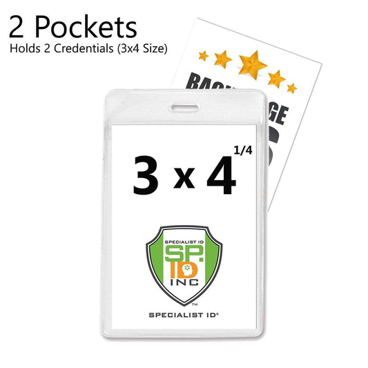 Clear vinyl badge holder with two pockets for holding 3x4 size credentials, labeled "3 x 4 1/4 Vertical Extra Large Badge Holder with Front And Back Pockets (P/N 1840-1610)." A sample credential with stars labeled "Backstage" is partially visible behind the holder.