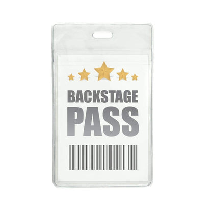 A backstage pass with gold stars, the text "BACKSTAGE PASS," and a barcode, enclosed in a 3 x 4 1/4 Vertical Extra Large Badge Holder with Front And Back Pockets (P/N 1840-1610) that ensures durability and visibility.
