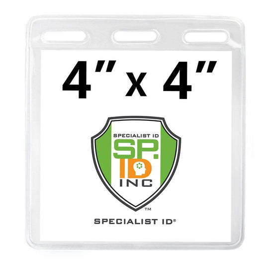 A 4 x 4 Badge Holder - Clear, Oversized ID Card Holder - Large Vinyl Event Badge Holder (1840-1612), displaying the Specialist ID logo, which features a green and white shield design with "SP ID INC" written inside, is perfect for pairing with your event lanyard.