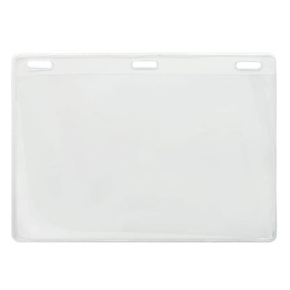 A Clear 6X4 Vinyl Horizontal Large Event Badge Holder (1840-1615) with three rectangular slots at the top for attaching to a lanyard or clip. This clear plastic, double-sided window holder is empty and has a smooth, clear surface, perfect for displaying oversized tickets and credentials.