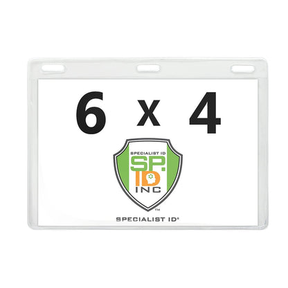 Oversized ticket and credential holder with a clear plastic double-sided window, displaying "6 x 4" and featuring the "Clear 6X4 Vinyl Horizontal Large Event Badge Holders (1840-1615)" logo in the center.