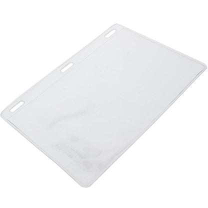 A Clear 6X4 Vinyl Horizontal Large Event Badge Holders (1840-1615) with a double-sided window design, featuring three slots for attaching to a lanyard. This large badge holder is perfect for oversized tickets and credentials.