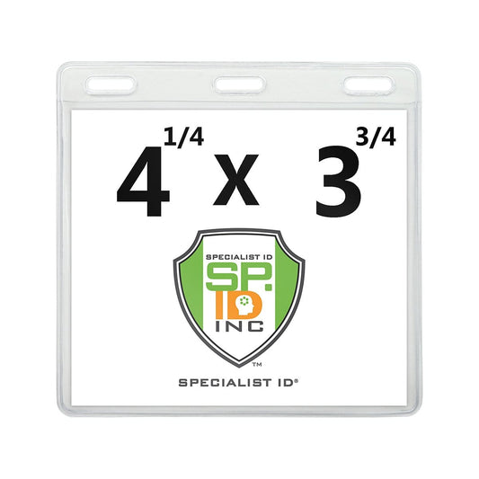 A 4x3 Badge Holder with Extra Room (4 1/4 X 3 3/4) For Laminated or Larger Credentials - Clear Vinyl Horizontal Event Badge Holder (1840-1618), displaying a label with measurements of 4 1/4" x 3 3/4" and a logo in the center.