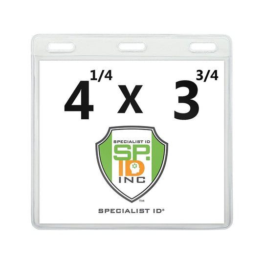 A 4-1/4 x 3-3/4 Clear Vinyl Horizontal Event Badge Holder, 4x3 with Extra Room, displaying a label with measurements of 4 1/4" x 3 3/4" and a logo in the center.