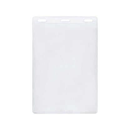 A Clear 4.21" x 6" Vinyl Vertical Large Event Badge Holder (1840-1625) with three punch holes at the top for hanging or attaching to a lanyard. Perfect as a large event badge holder, it is currently empty.