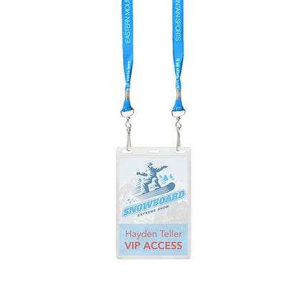 A blue lanyard holds a Clear 4.21" x 6" Vinyl Vertical Large Event Badge Holder (1840-1625) with the text "SNOWBOARD EXTREME SHOW" and "Hayden Teller VIP ACCESS.