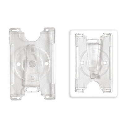 Clear semi-rigid convertible badge holder front and back with rotating clip