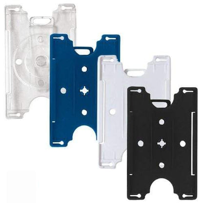 Semi-rigid convertible badge holders in clear, blue, white, and black