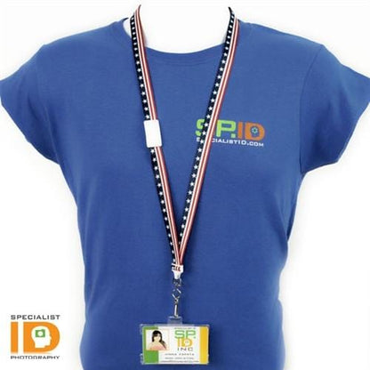 Semi-rigid convertible badge holder worn on a lanyard with sample ID badge