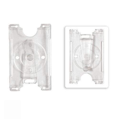 Clear semi-rigid convertible badge holder front and back with rotating clip
