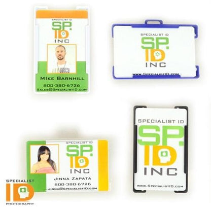 Sample ID cards displayed in semi-rigid convertible badge holders