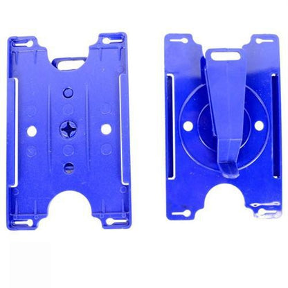Blue semi-rigid convertible badge holder showing front view and rotating clip back