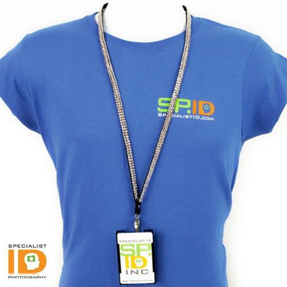 Semi-rigid convertible badge holder attached to a lanyard on a shirt