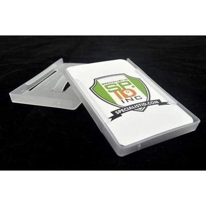 Transparent card holder with a Specialist ID logo on a white insert, partially slid out to show both the card and the Semi-Rigid Multiple ID Card Holder (P/N 1840-3025) against a black background.
