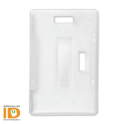 A Semi-Rigid Multiple ID Card Holder (P/N 1840-3025) featuring a cut-out window and a vertical slot, with the Specialist ID logo at the bottom left corner.