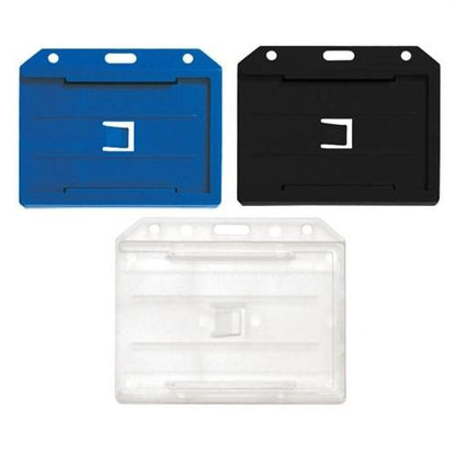 Three 2-Sided Horizontal Multi-Card Holders (1840-305X) in blue, black, and clear. Each 2-sided horizontal multi-card holder features a slot at the top and a rectangular cutout in the center.
