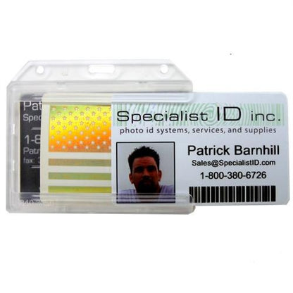 Rigid plastic ID badge in a clear, 2-Sided Horizontal Multi-Card Holder (1840-305X). The badge displays the name "Patrick Barnhill," an email address, phone number, and a photo. The left side has holographic security features.