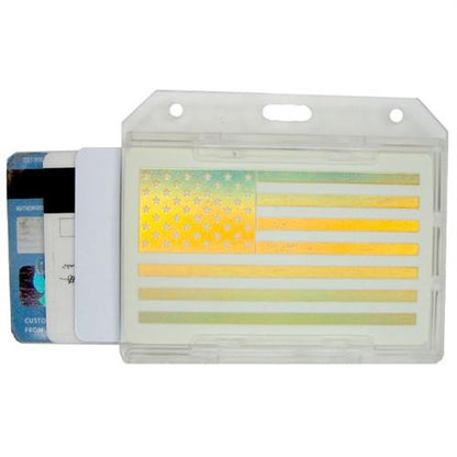 Transparent ID badge holder with a U.S. flag design on a card, partially displays multiple cards inside, including a blue one. This rigid plastic, 2-Sided Horizontal Multi-Card Holder (1840-305X) ensures durability while showcasing your cards proudly.