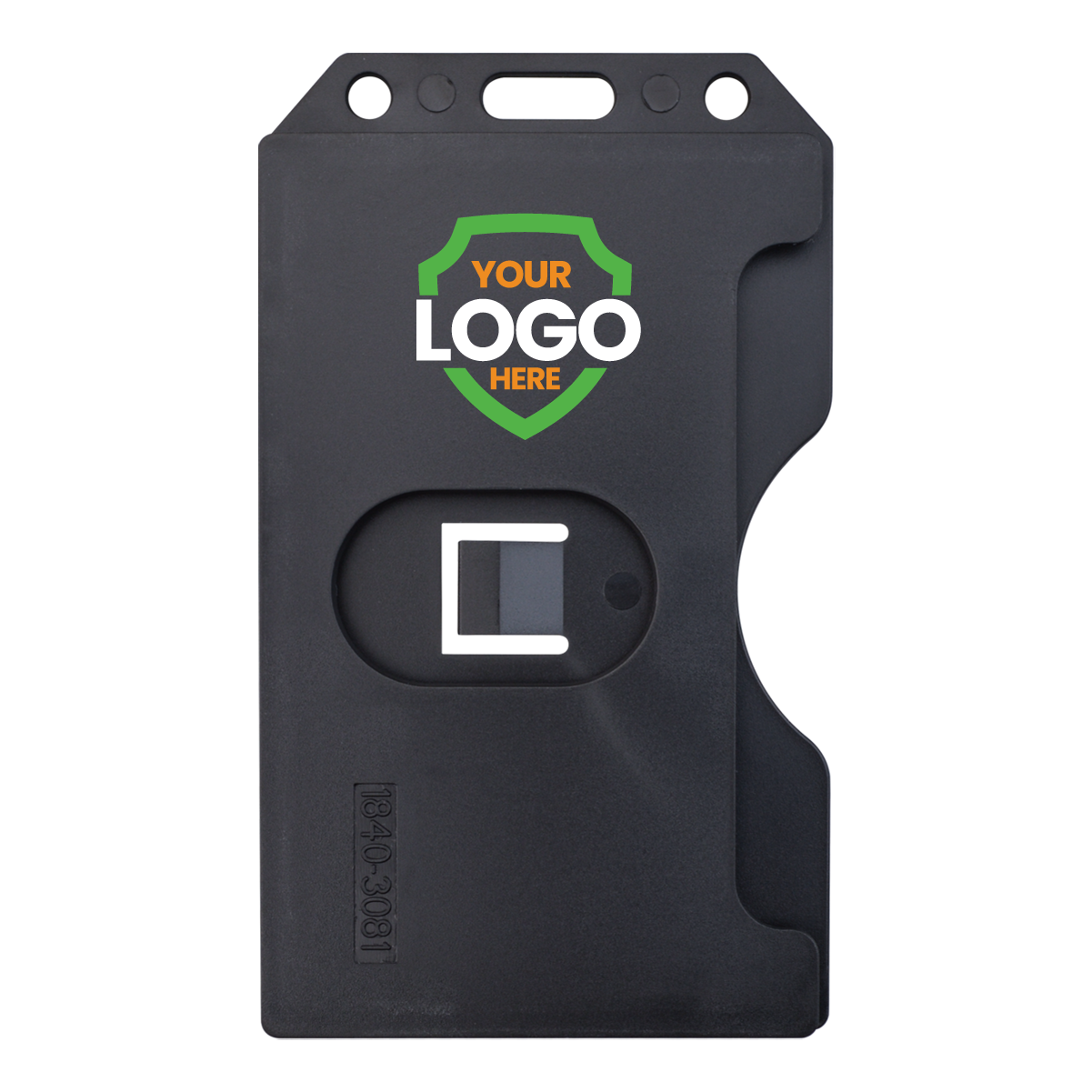 Vertical hard plastic black multi card badge holder with example logo showing customization option