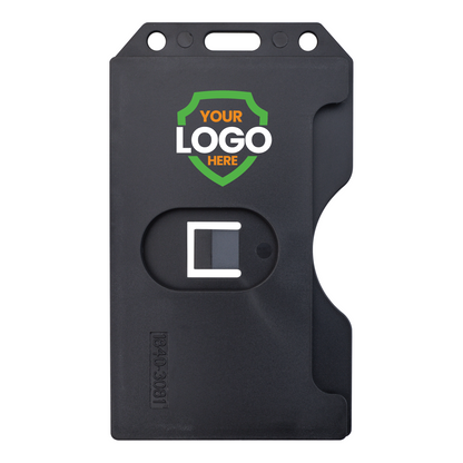 A black, customizable Custom 2-Sided Rigid Vertical Multi-Card Holder (1840-308X) - Add Your Logo with a slot for a card and space for a logo on top. The words "YOUR LOGO HERE" are printed in the center on an orange and green shield, ensuring brand recognition while maintaining a professional look.