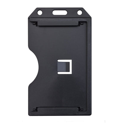 A black rigid plastic ID card holder with a rectangular opening in the center and slots for attaching a lanyard at the top. Designed as the **2 Sided Rigid Vertical MultiCard Badge Holder - Hard Plastic Multiple ID Card Holder (1840-308X)**, this vertical multi-card holder is perfect for securely displaying multiple IDs.
