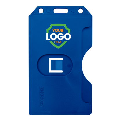 A **Custom 2-Sided Rigid Vertical Multi-Card Holder (1840-308X) - Add Your Logo** with a designated slot for an ID card and a space for a customized logo at the top center provides a professional look, ensuring effective brand recognition.