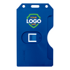 Vertical hard plastic blue multi card badge holder with example logo showing customization option