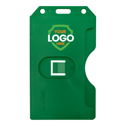 Custom 2-Sided Rigid Vertical Multi-Card Holder (1840-308X) - Add Your Logo with a shield graphic and the words "YOUR LOGO HERE" on the front. The holder has a rectangular slot, a cut-out section, and offers a professional look. This customizable badge holder is perfect for enhancing brand recognition.