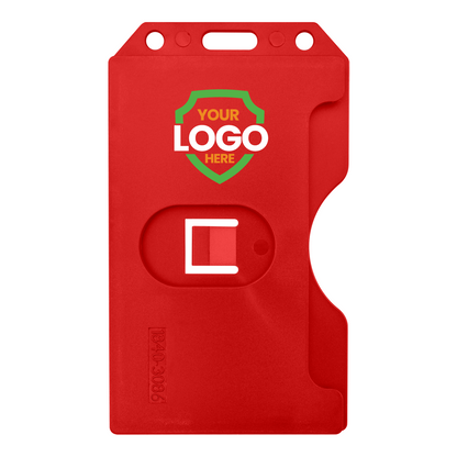 Red plastic **Custom 2-Sided Rigid Vertical Multi-Card Holder (1840-308X) - Add Your Logo** with a rectangular cut-out and a slot for attachment. A green shield with "Your Logo Here" text is printed on the top half, offering a customizable badge holder that enhances brand recognition while maintaining a professional look.