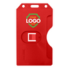Vertical hard plastic red multi card badge holder with example logo showing customization option